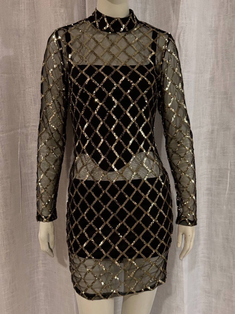 IRIS Sheer Mesh Gold Sequin Diamond Mock Neck Bodycon Mini Dress Size Small